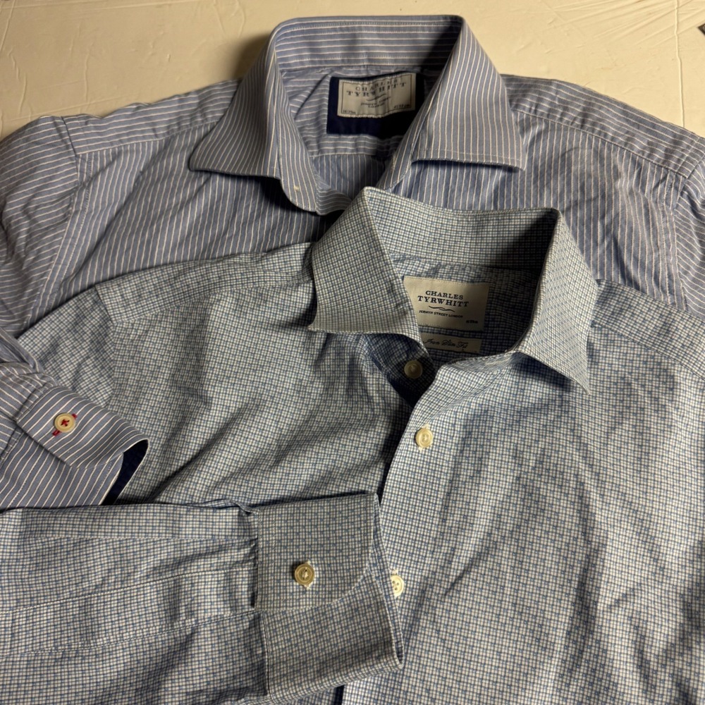 Charles Tyrwhitt Mens set of 2 Dress Shirts Blue ‎ Cotton Long Sleeve Size 16